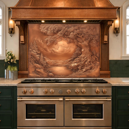 Ancient Tree & Morning Mist Tempered Glass Backsplash, Copper Relief Look Wall Panel, Stove Guard