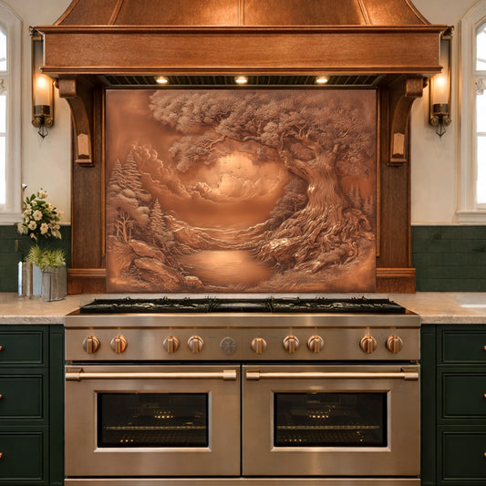 Ancient Tree & Morning Mist Tempered Glass Backsplash, Copper Relief Look Wall Panel, Stove Guard