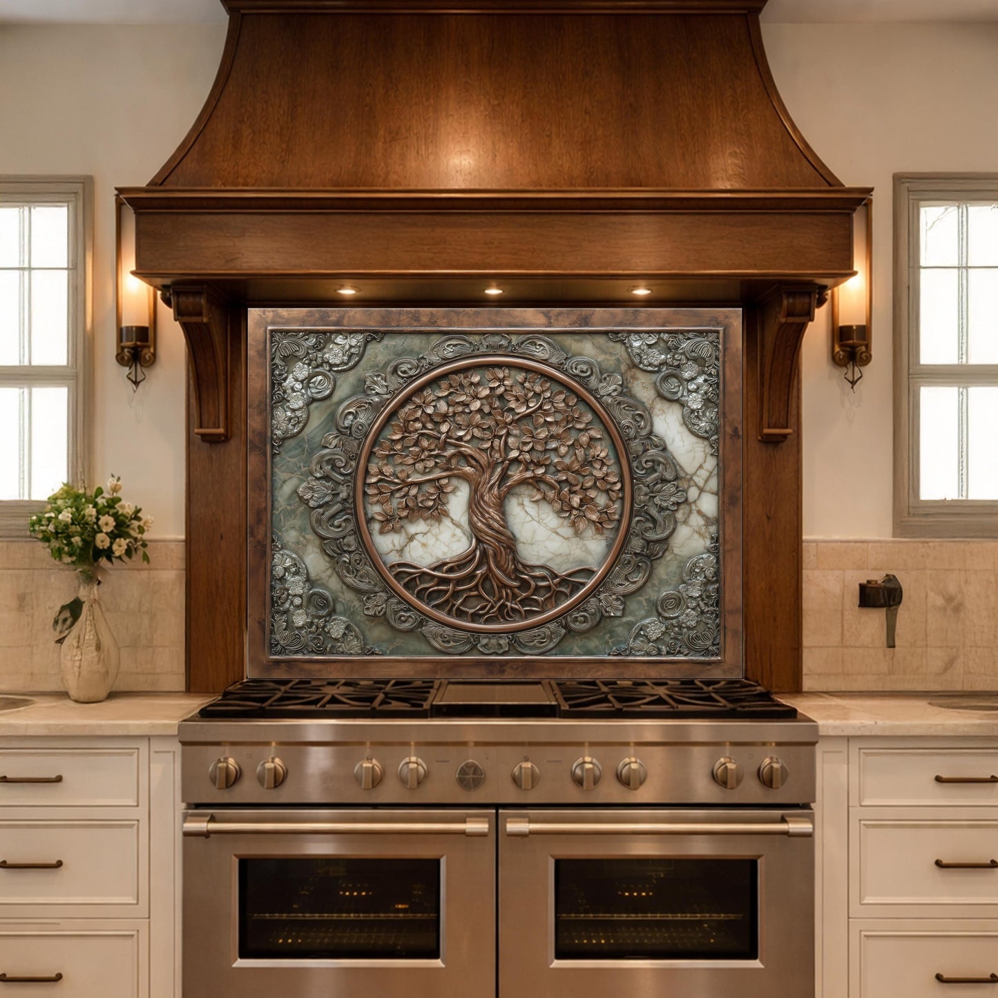 Ornate Tree of Life Tempered Glass Backsplash, Copper Relief Look Wall Panel, Stove Guard