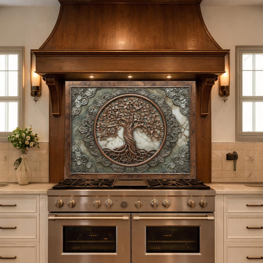 Ornate Tree of Life Tempered Glass Backsplash, Copper Relief Look Wall Panel, Stove Guard