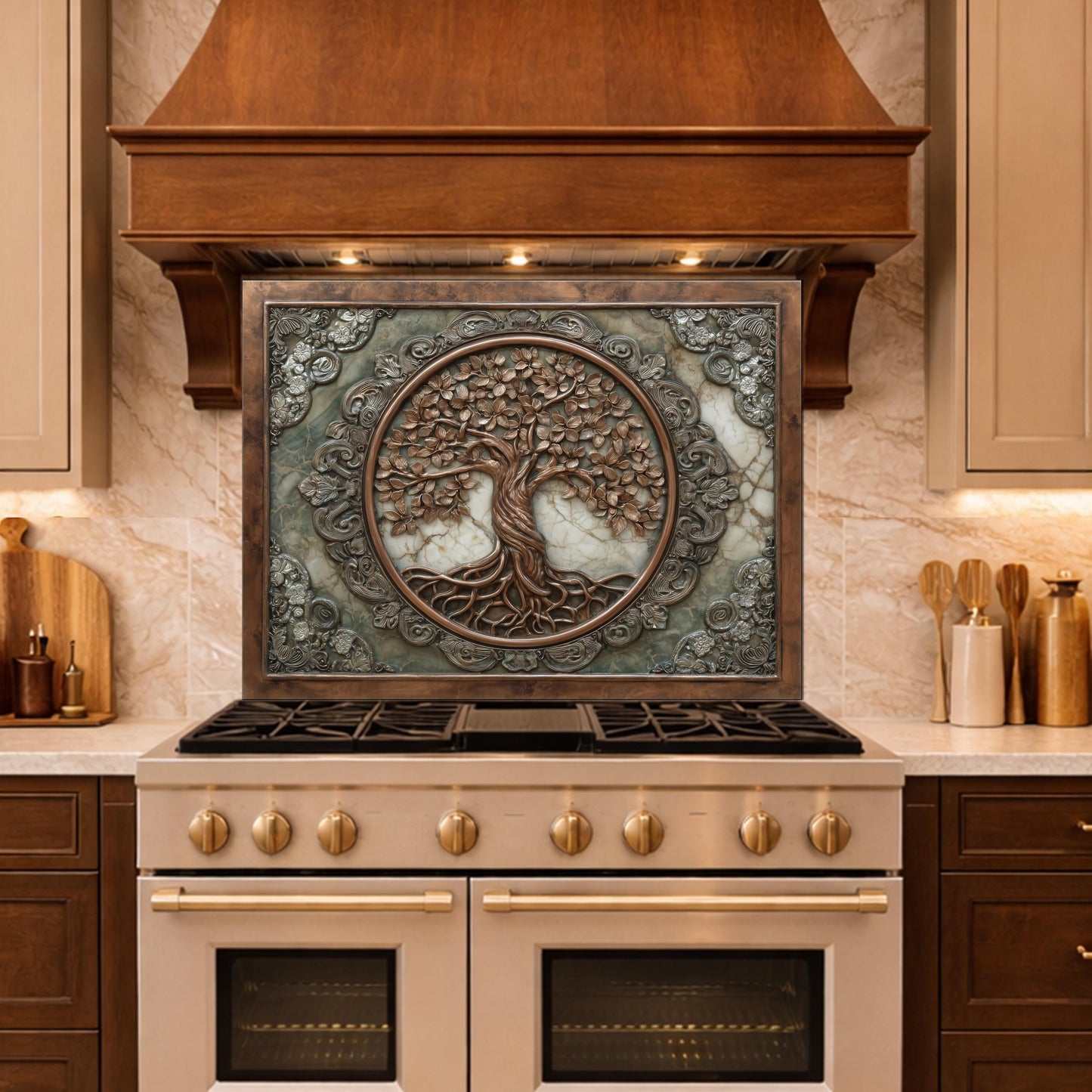Ornate Tree of Life Tempered Glass Backsplash, Copper Relief Look Wall Panel, Stove Guard