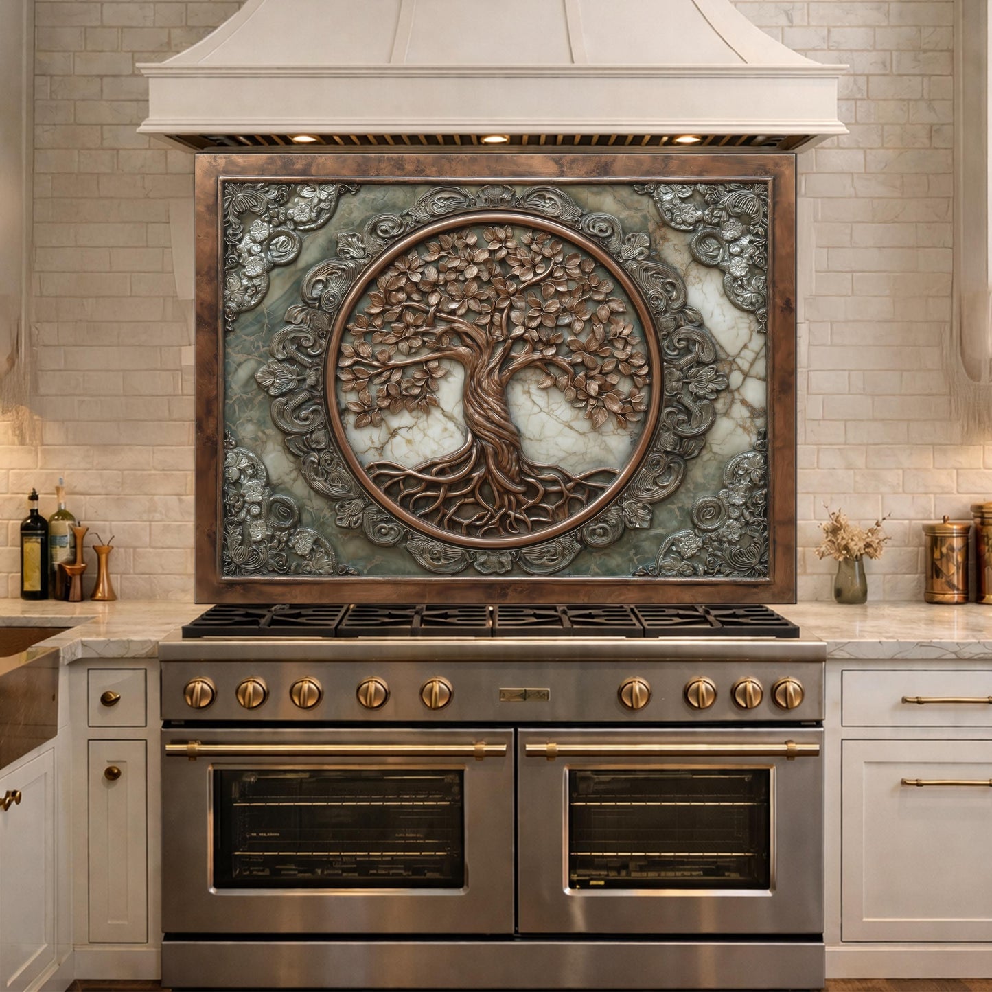 Ornate Tree of Life Tempered Glass Backsplash, Copper Relief Look Wall Panel, Stove Guard