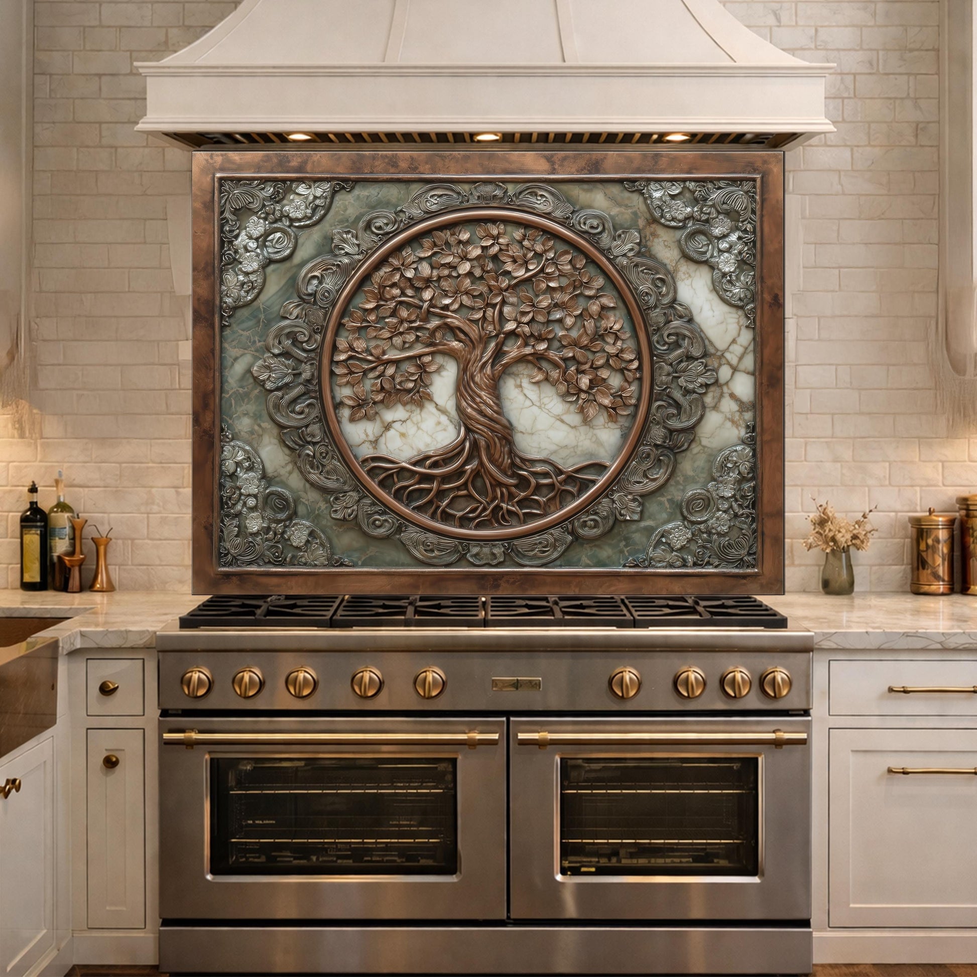 Ornate Tree of Life Tempered Glass Backsplash, Copper Relief Look Wall Panel, Stove Guard