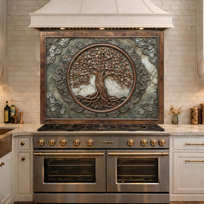 Ornate Tree of Life Tempered Glass Backsplash, Copper Relief Look Wall Panel, Stove Guard