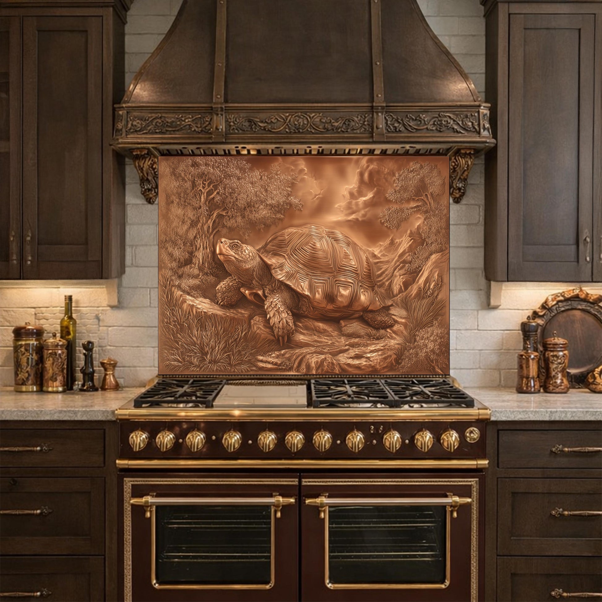 Ancient Tortoise in Nature Tempered Glass Backsplash, Copper Relief Look Wall Panel, Stove Guard