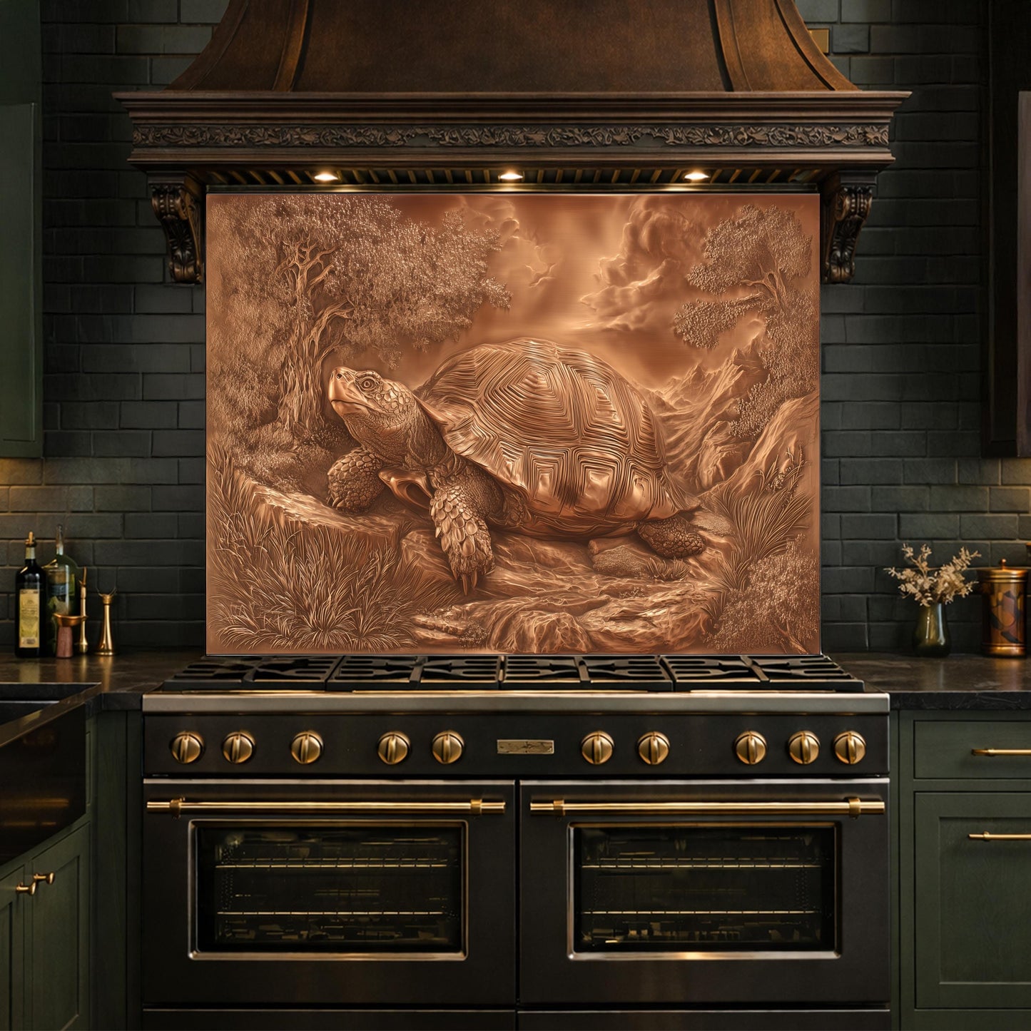 Ancient Tortoise in Nature Tempered Glass Backsplash, Copper Relief Look Wall Panel, Stove Guard