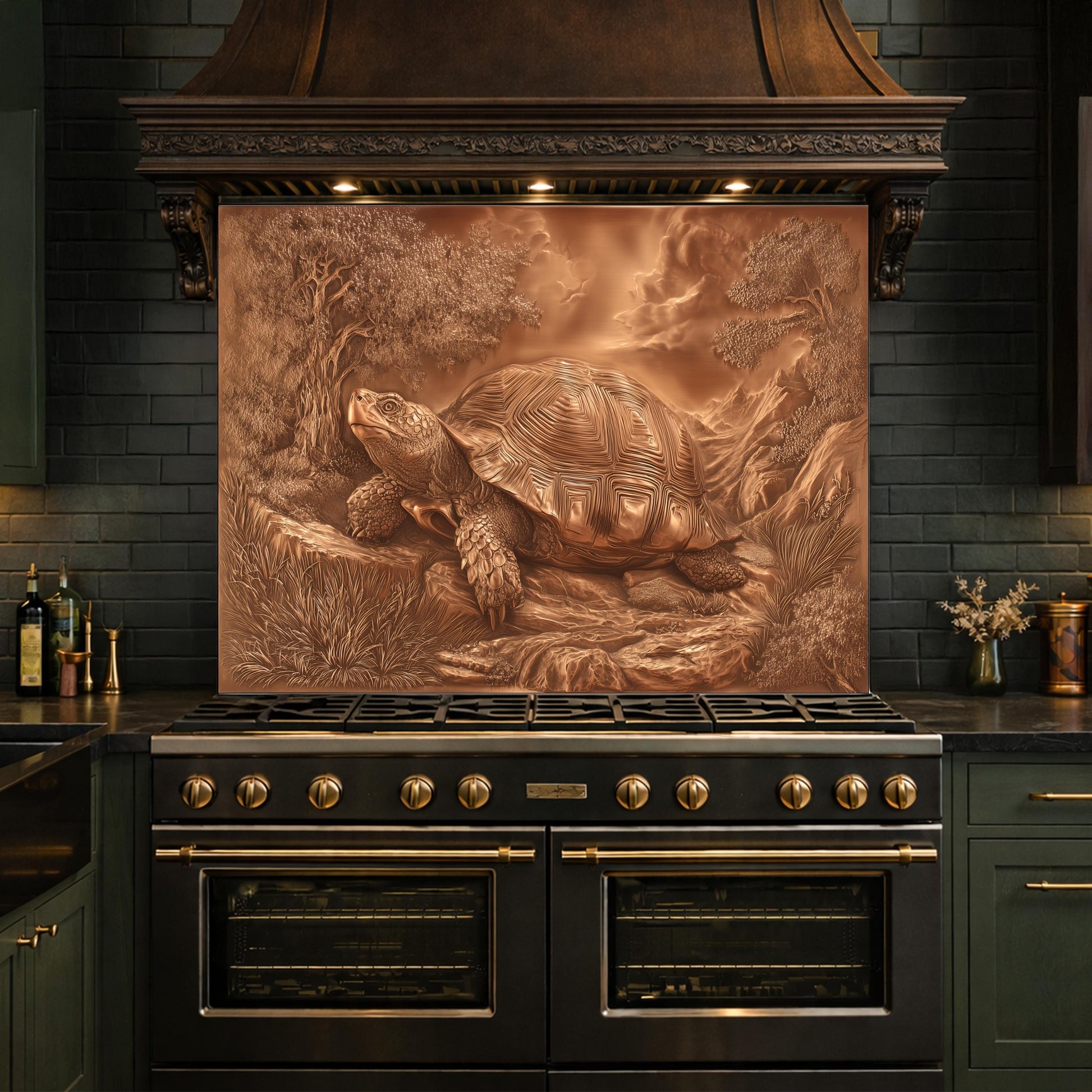 Ancient Tortoise in Nature Tempered Glass Backsplash, Copper Relief Look Wall Panel, Stove Guard
