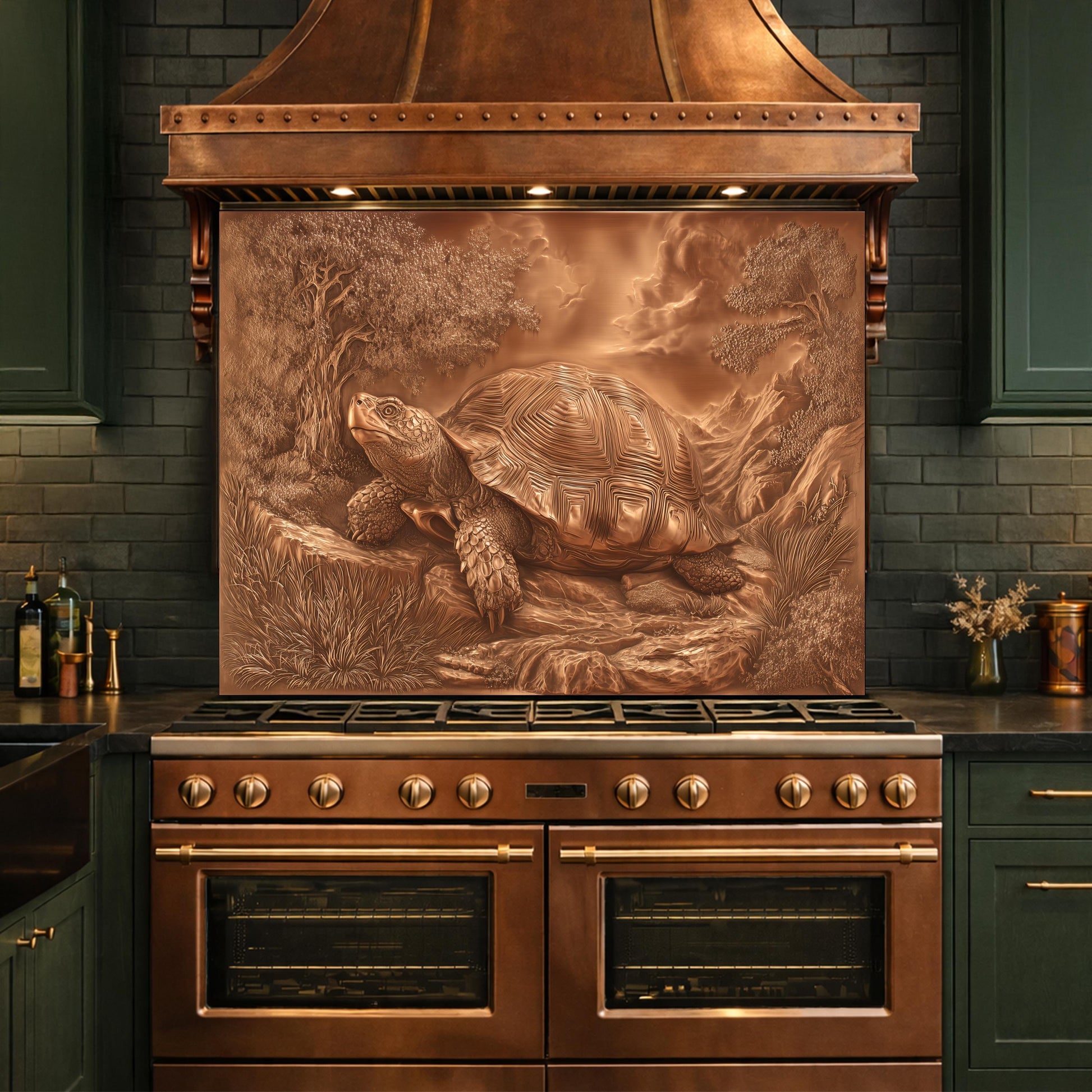 Ancient Tortoise in Nature Tempered Glass Backsplash, Copper Relief Look Wall Panel, Stove Guard