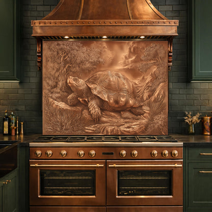 Ancient Tortoise in Nature Tempered Glass Backsplash, Copper Relief Look Wall Panel, Stove Guard