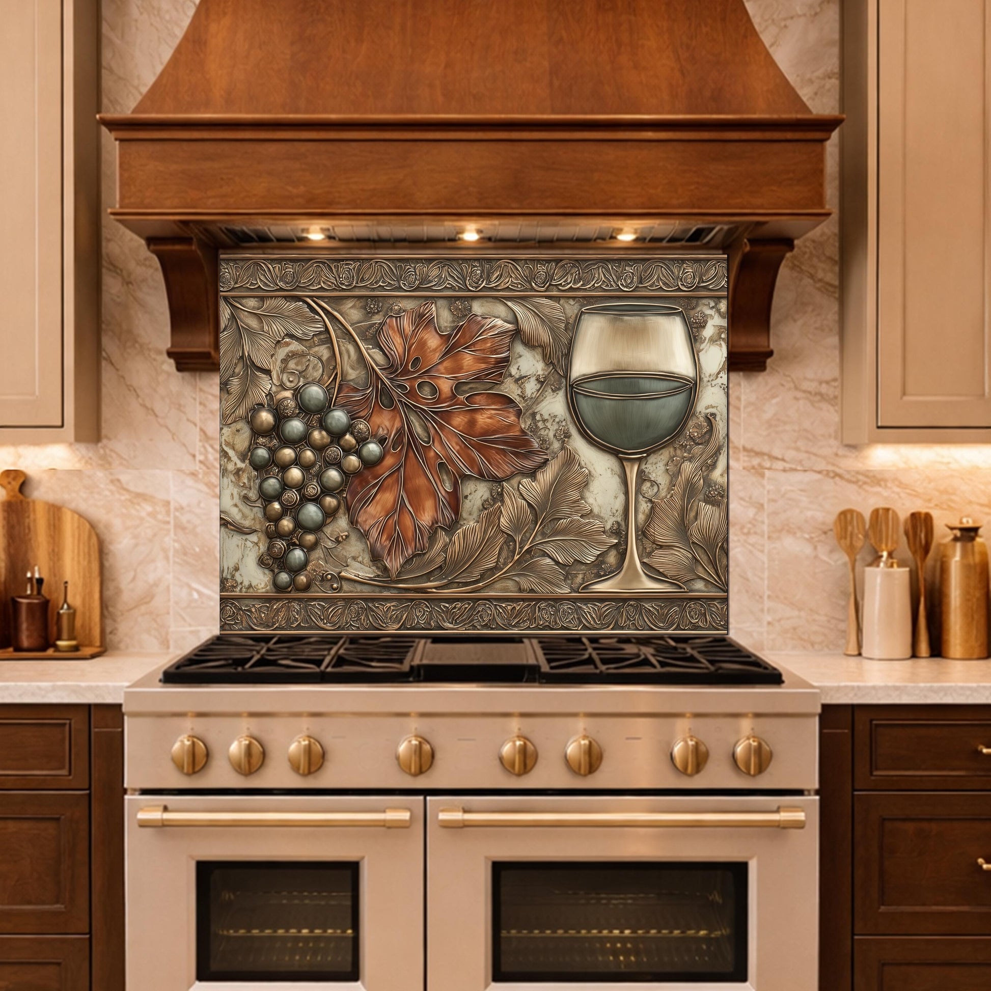 Red Wine & Grapes Tempered Glass Backsplash, Copper Relief Look Wall Panel, Stove Guard