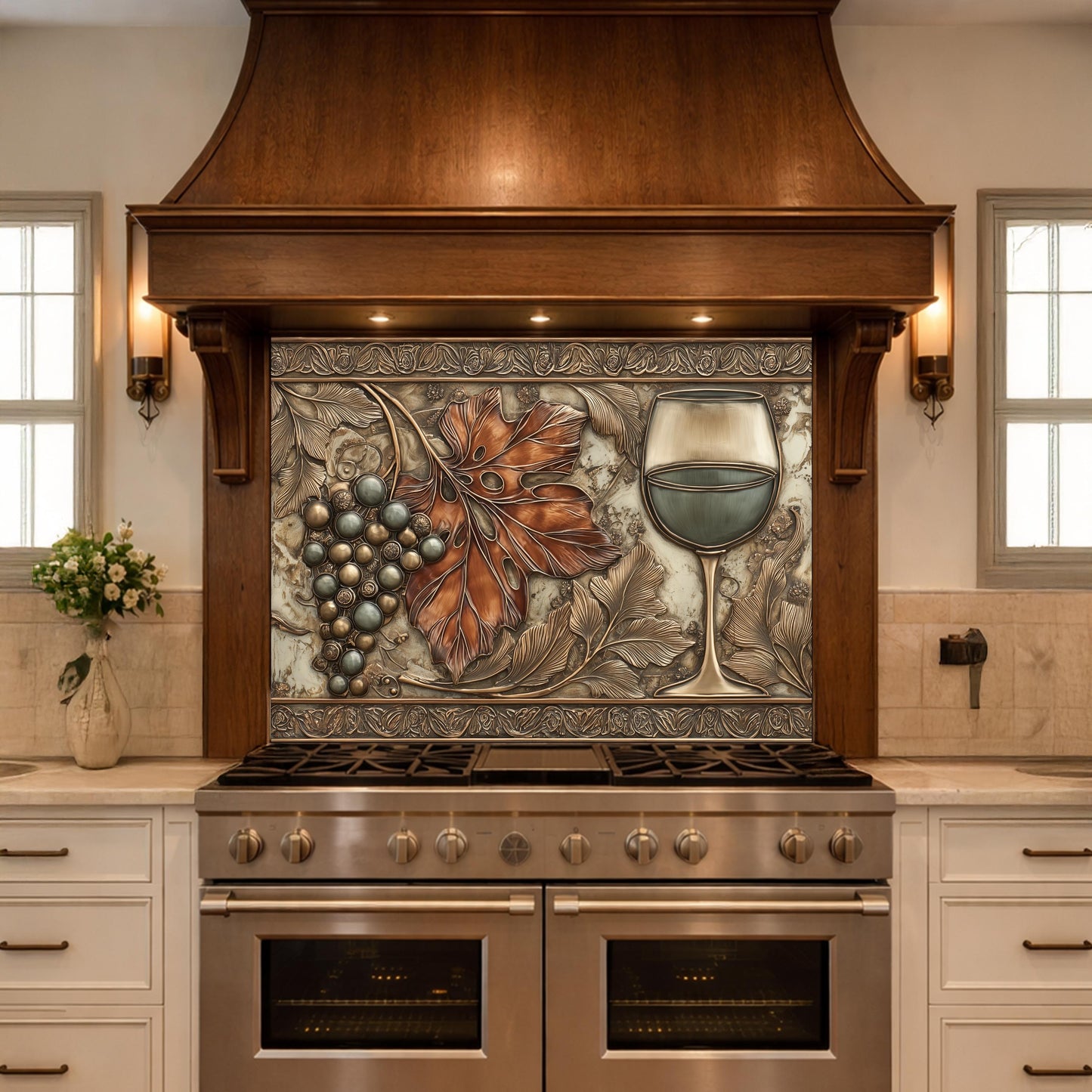 Red Wine & Grapes Tempered Glass Backsplash, Copper Relief Look Wall Panel, Stove Guard