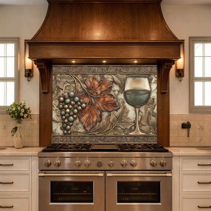 Red Wine & Grapes Tempered Glass Backsplash, Copper Relief Look Wall Panel, Stove Guard
