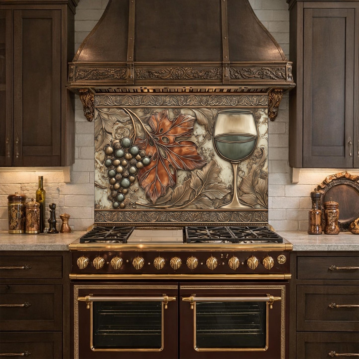 Red Wine & Grapes Tempered Glass Backsplash, Copper Relief Look Wall Panel, Stove Guard