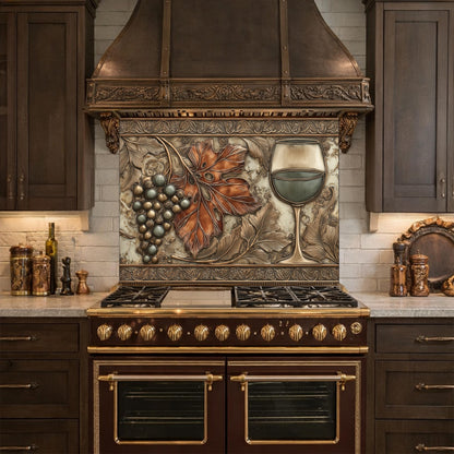Red Wine & Grapes Tempered Glass Backsplash, Copper Relief Look Wall Panel, Stove Guard