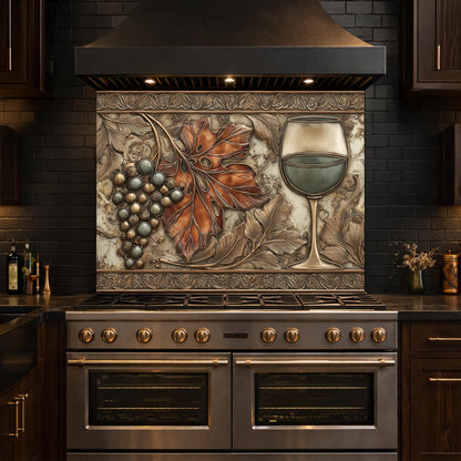 Red Wine & Grapes Tempered Glass Backsplash, Copper Relief Look Wall Panel, Stove Guard
