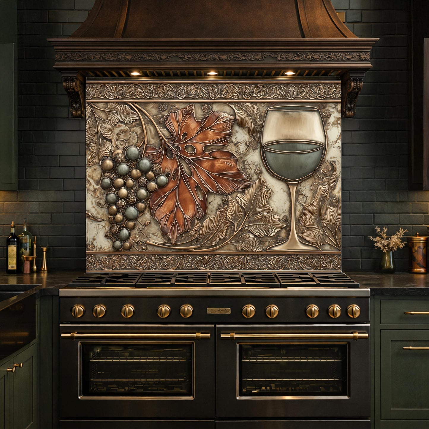 Red Wine & Grapes Tempered Glass Backsplash, Copper Relief Look Wall Panel, Stove Guard