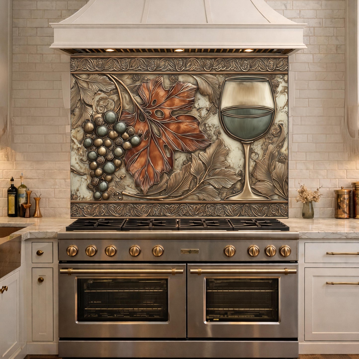 Red Wine & Grapes Tempered Glass Backsplash, Copper Relief Look Wall Panel, Stove Guard