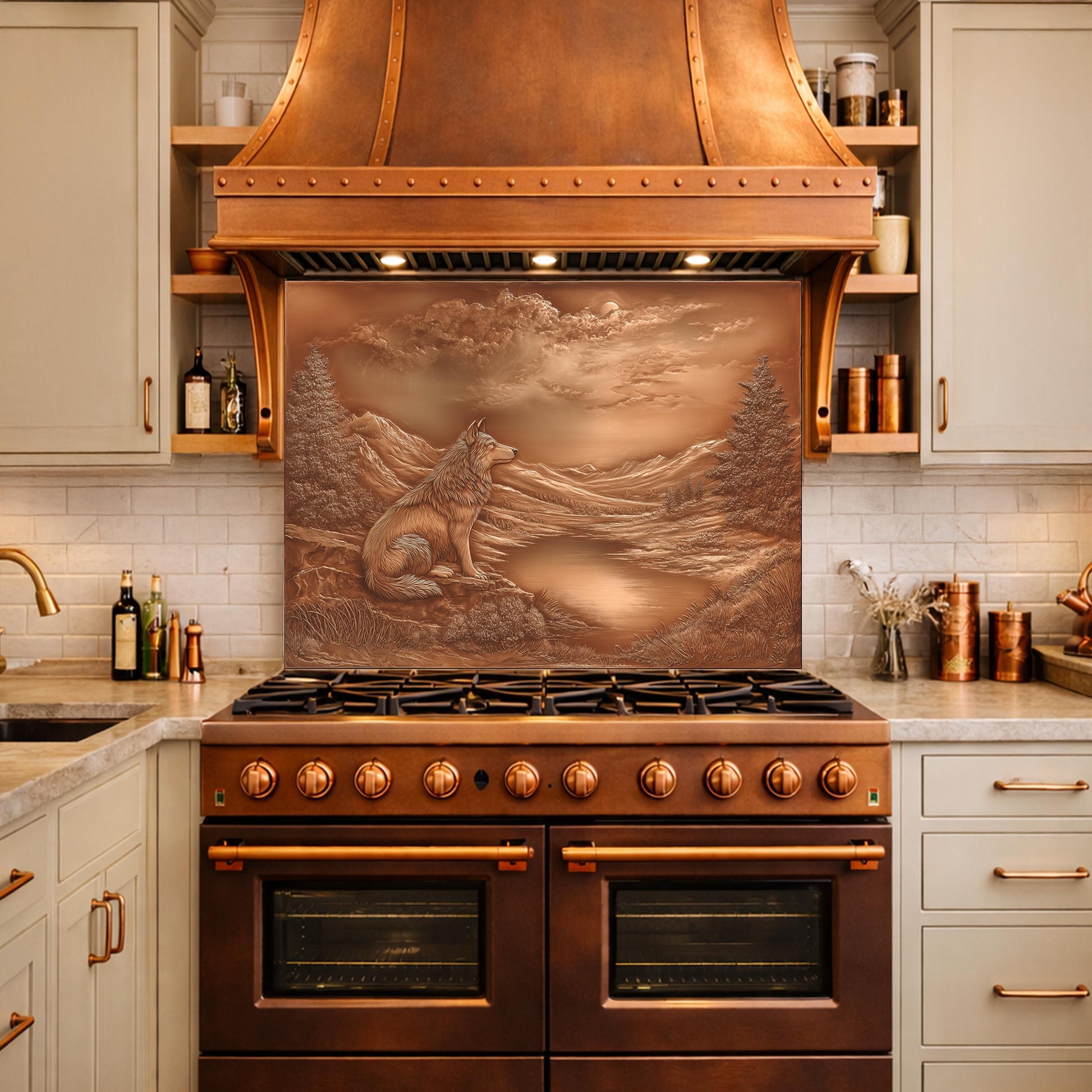 Noble Wolf Mountain Lake Tempered Glass Backsplash, Copper Relief Visual Effect Stove Guard