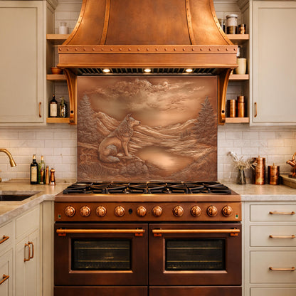 Noble Wolf Mountain Lake Tempered Glass Backsplash, Copper Relief Visual Effect Stove Guard