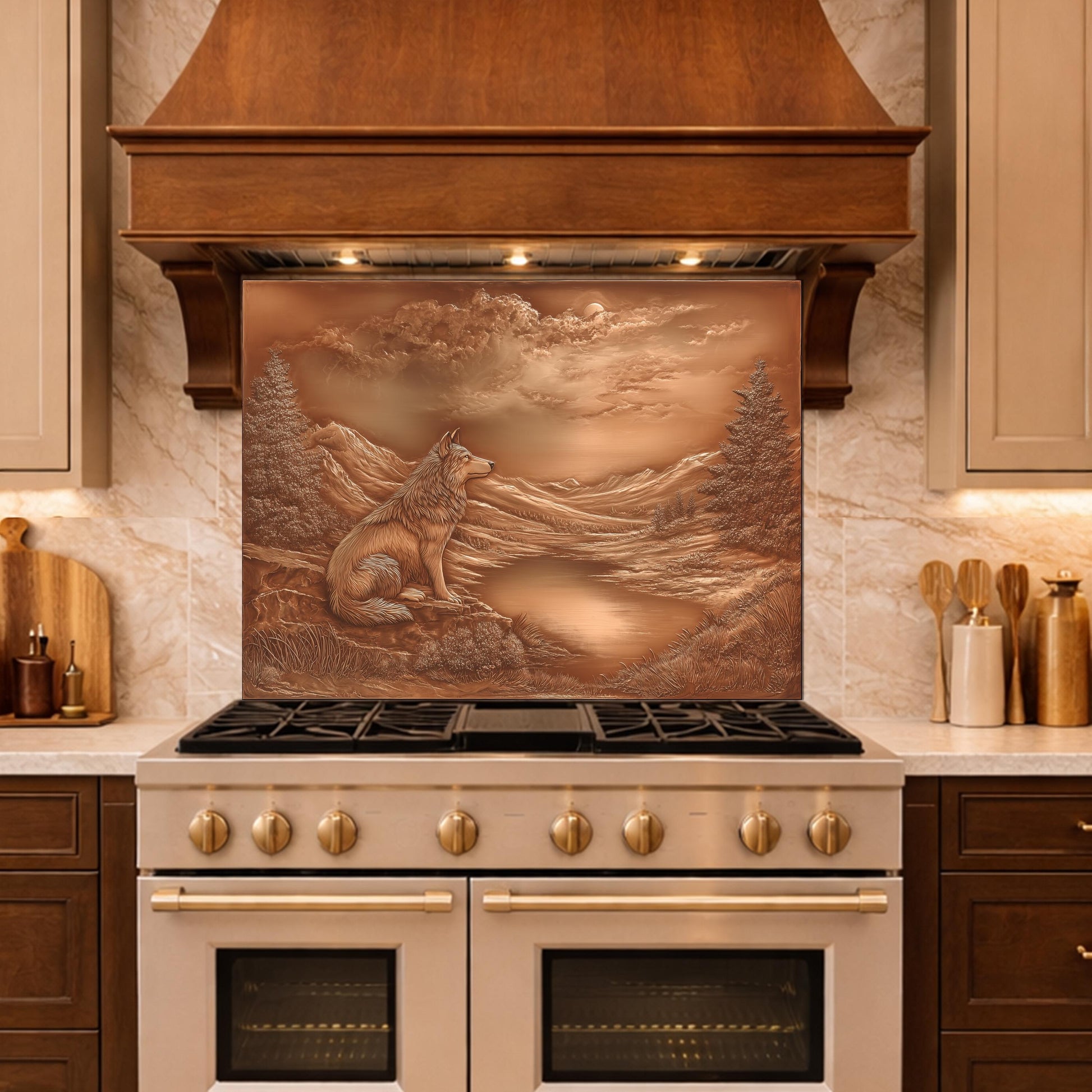 Noble Wolf Mountain Lake Tempered Glass Backsplash, Copper Relief Visual Effect Stove Guard