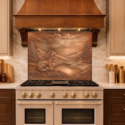Noble Wolf Mountain Lake Tempered Glass Backsplash, Copper Relief Visual Effect Stove Guard