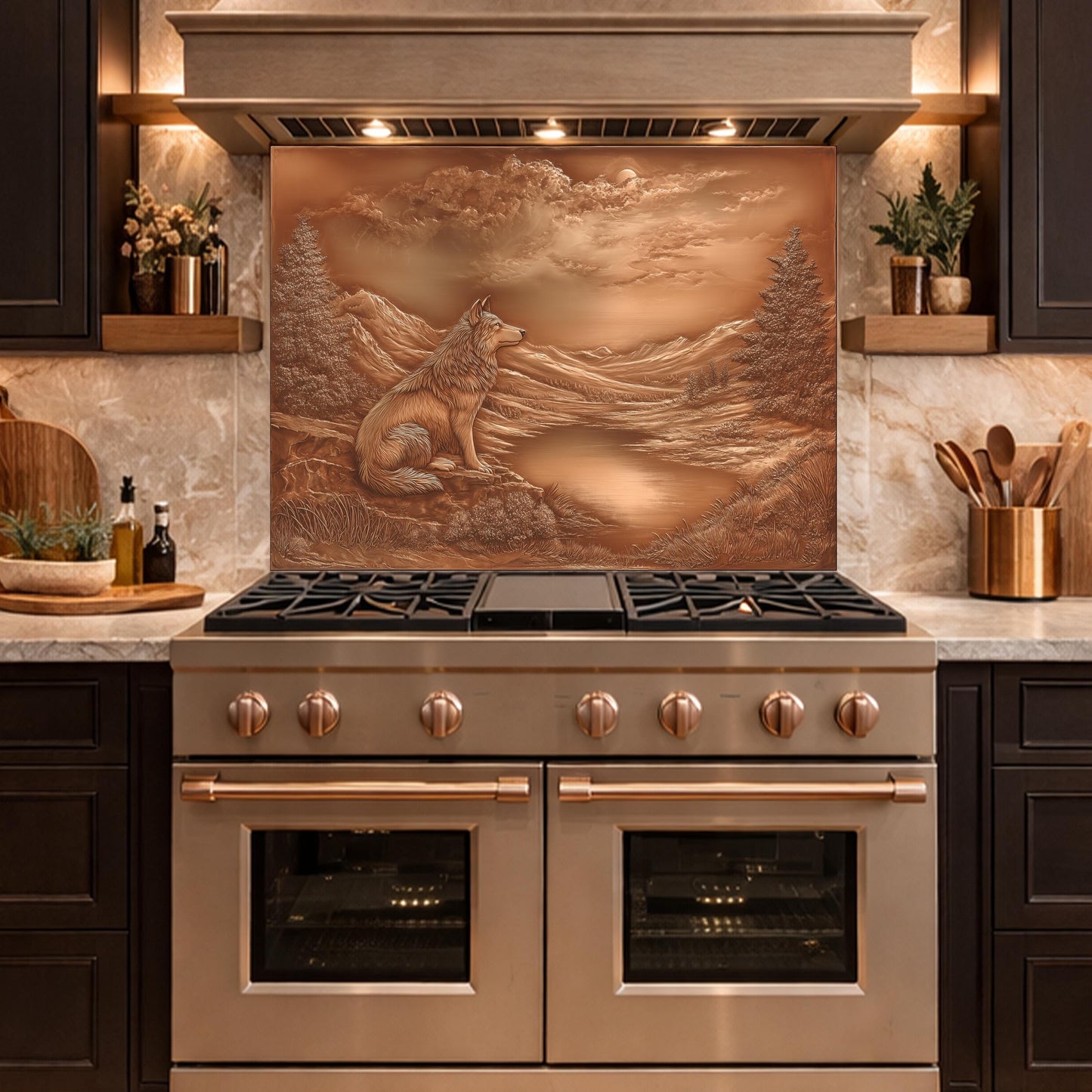Noble Wolf Mountain Lake Tempered Glass Backsplash, Copper Relief Visual Effect Stove Guard