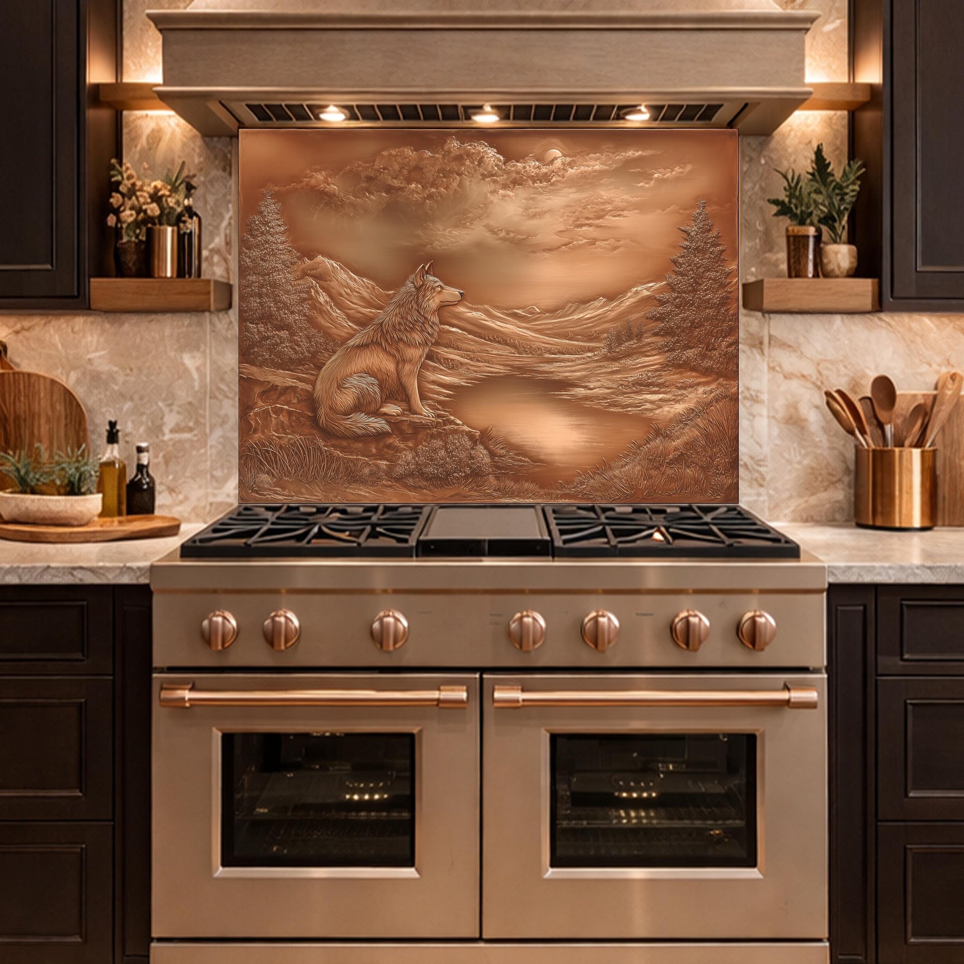 Noble Wolf Mountain Lake Tempered Glass Backsplash, Copper Relief Visual Effect Stove Guard