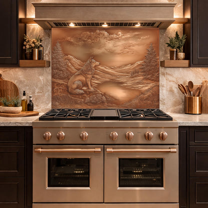 Noble Wolf Mountain Lake Tempered Glass Backsplash, Copper Relief Visual Effect Stove Guard