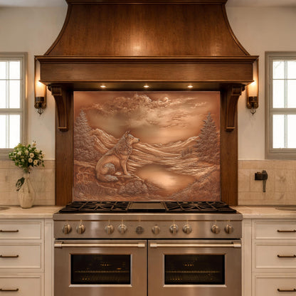 Noble Wolf Mountain Lake Tempered Glass Backsplash, Copper Relief Visual Effect Stove Guard