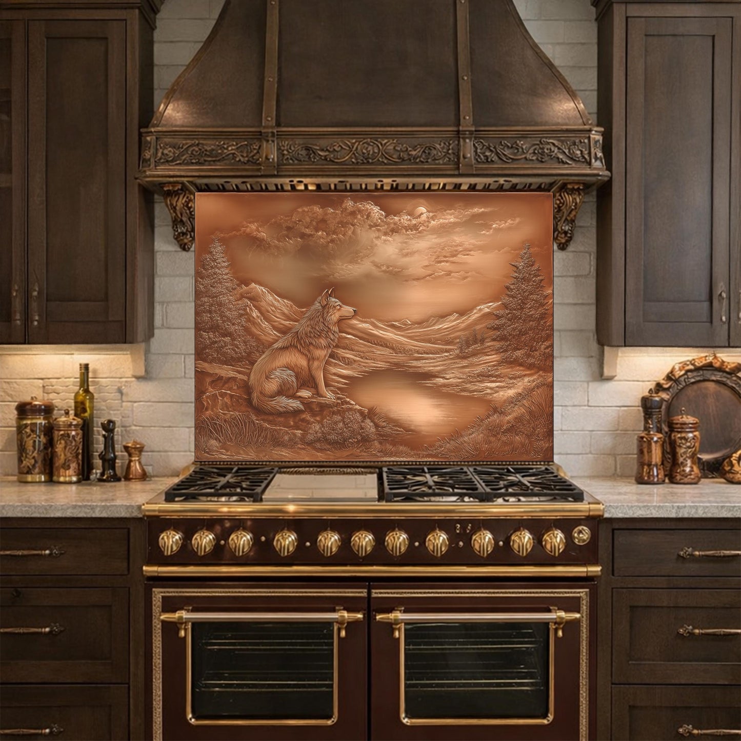 Noble Wolf Mountain Lake Tempered Glass Backsplash, Copper Relief Visual Effect Stove Guard