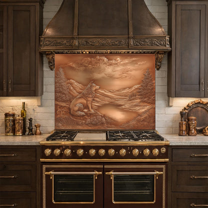 Noble Wolf Mountain Lake Tempered Glass Backsplash, Copper Relief Visual Effect Stove Guard