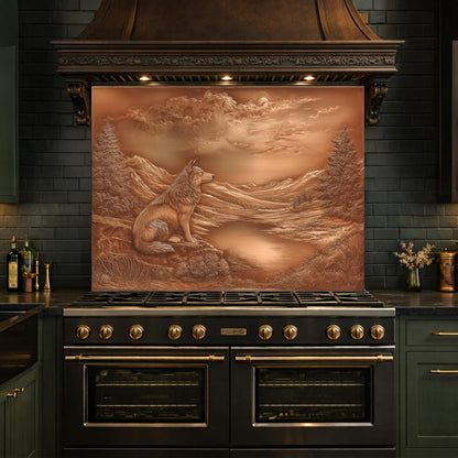 Noble Wolf Mountain Lake Tempered Glass Backsplash, Copper Relief Visual Effect Stove Guard