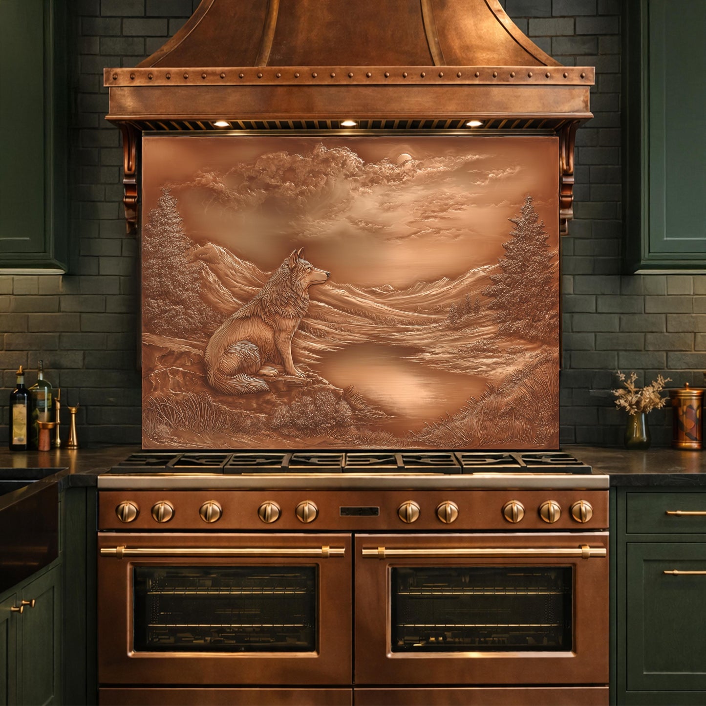 Noble Wolf Mountain Lake Tempered Glass Backsplash, Copper Relief Visual Effect Stove Guard
