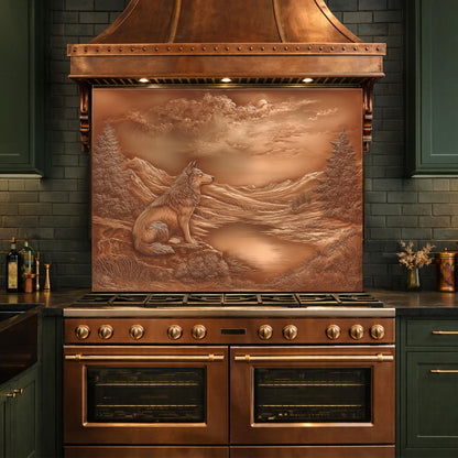 Noble Wolf Mountain Lake Tempered Glass Backsplash, Copper Relief Visual Effect Stove Guard