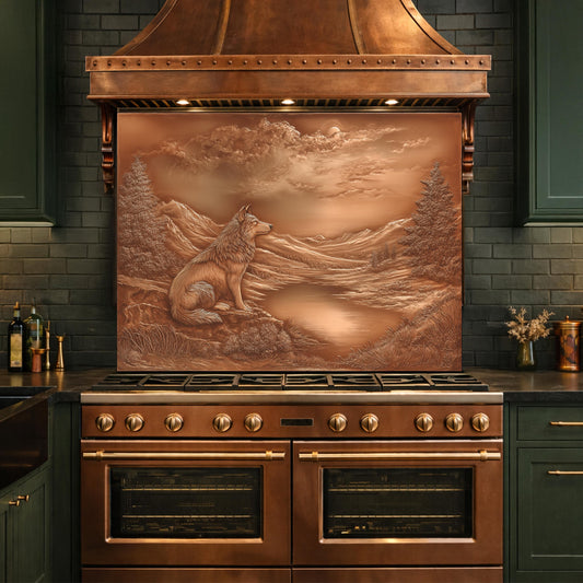 Noble Wolf Mountain Lake Tempered Glass Backsplash, Copper Relief Visual Effect Stove Guard