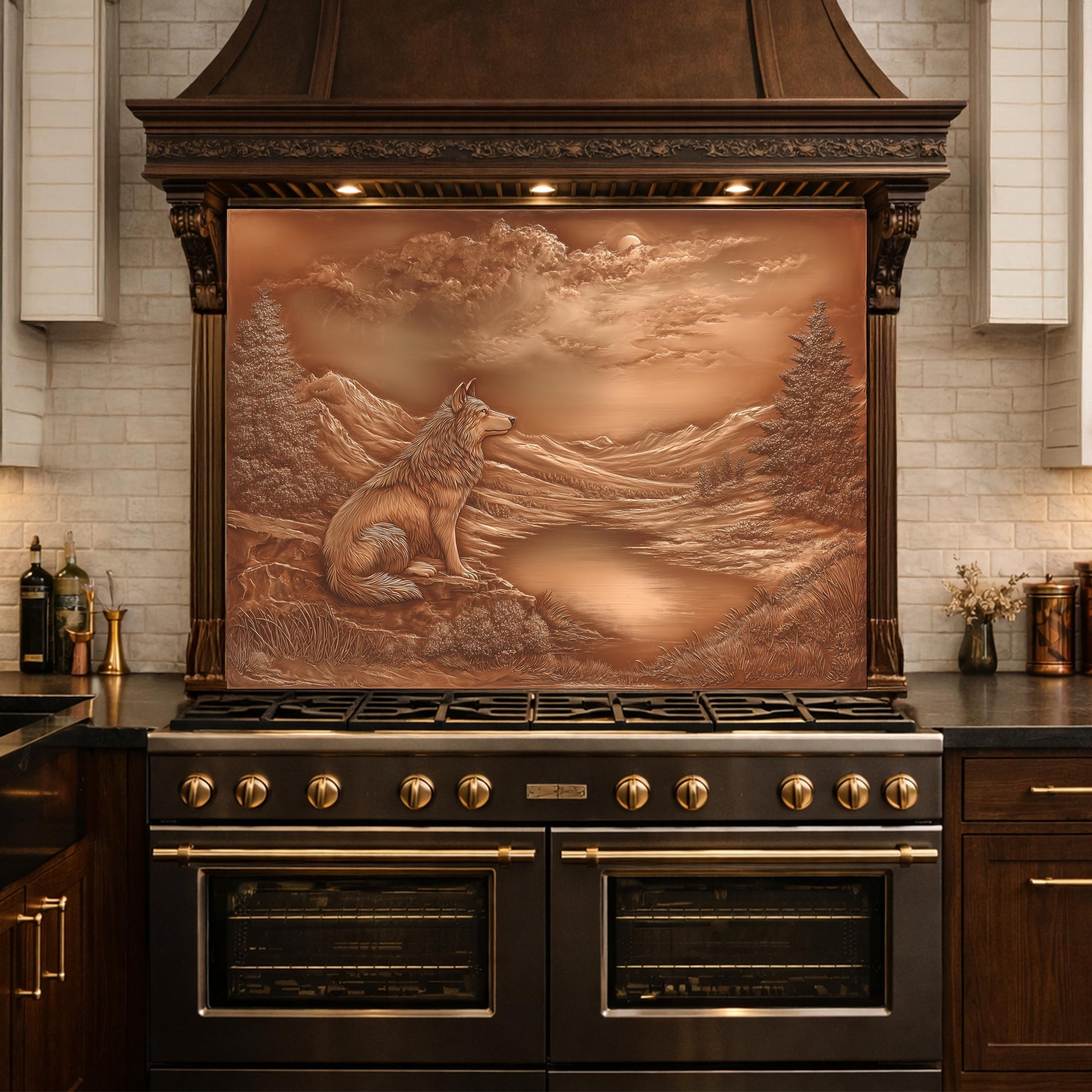 Noble Wolf Mountain Lake Tempered Glass Backsplash, Copper Relief Visual Effect Stove Guard