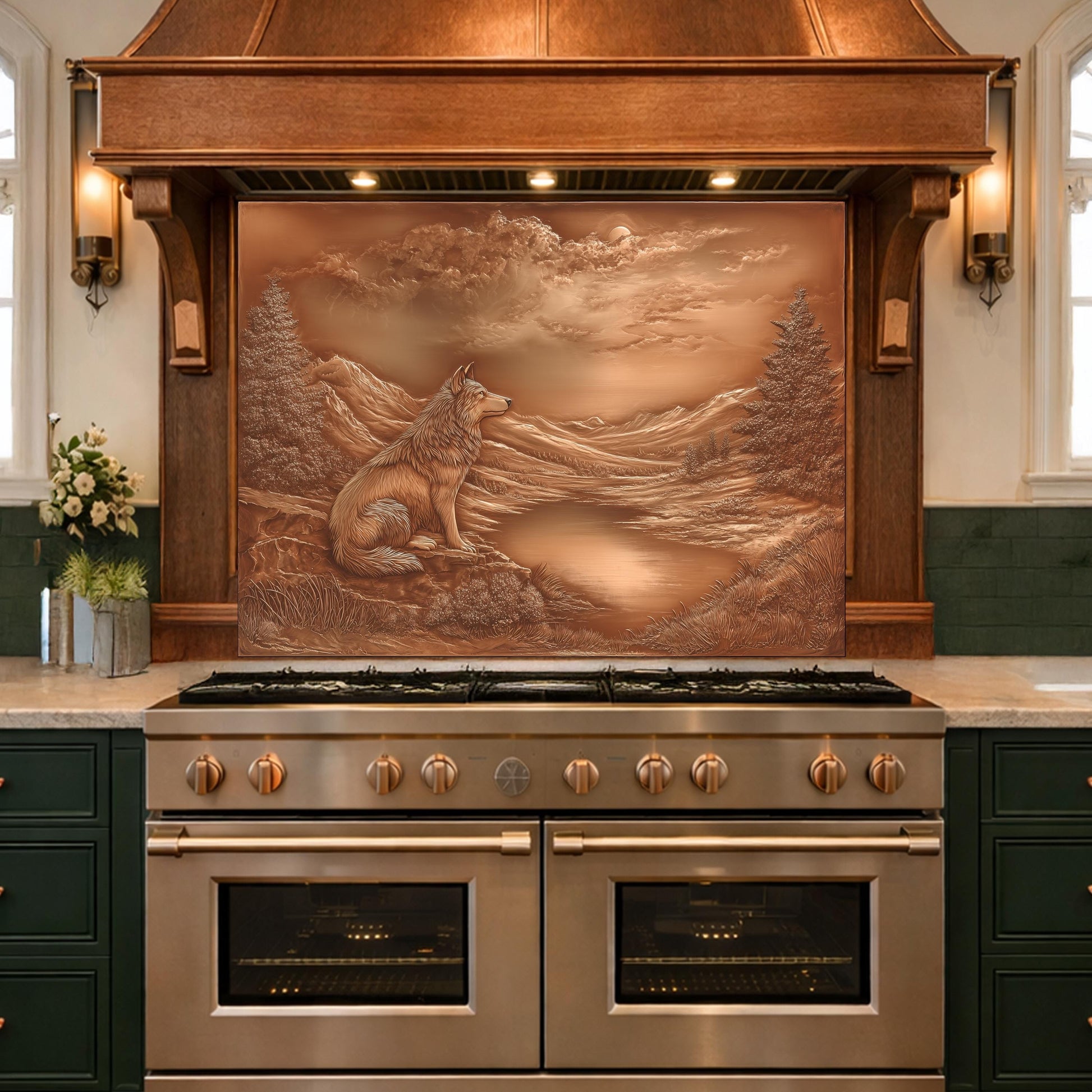 Noble Wolf Mountain Lake Tempered Glass Backsplash, Copper Relief Visual Effect Stove Guard