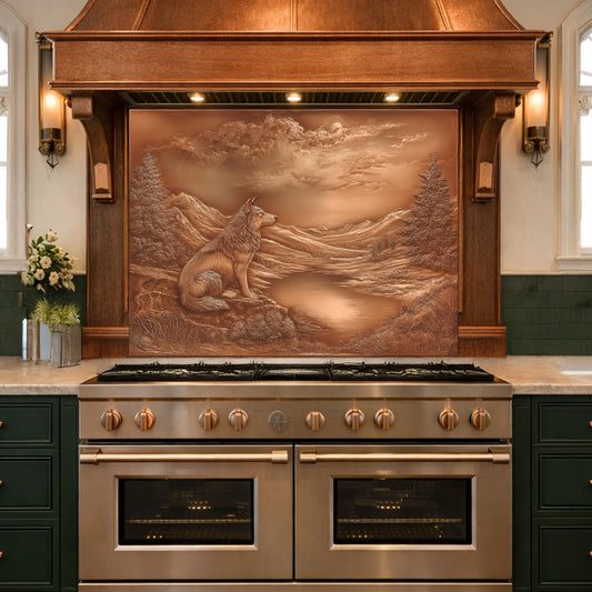 Noble Wolf Mountain Lake Tempered Glass Backsplash, Copper Relief Visual Effect Stove Guard