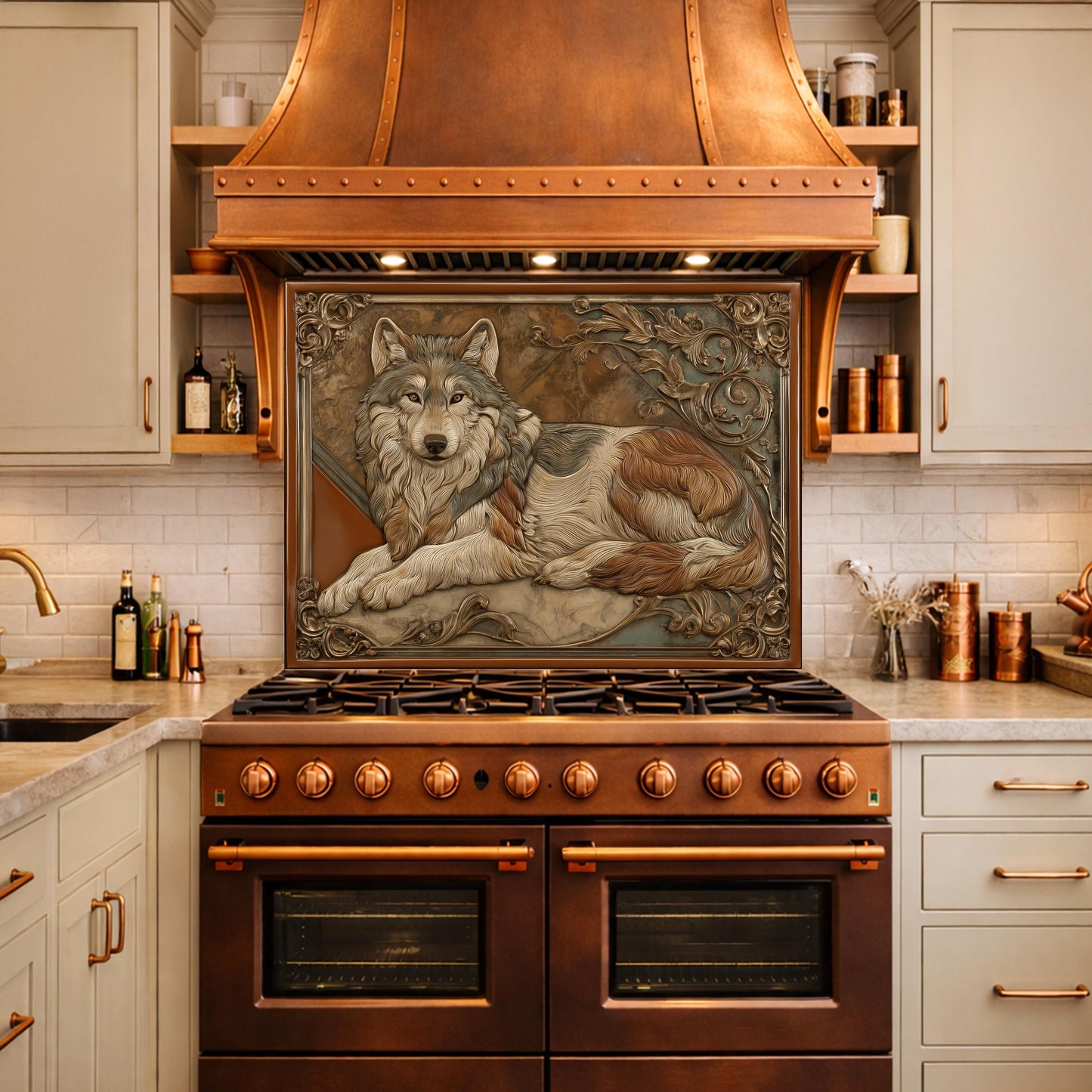Noble Wolf & Filigree Scroll Tempered Glass Backsplash, Copper Relief Look Wall Panel, Stove Guard