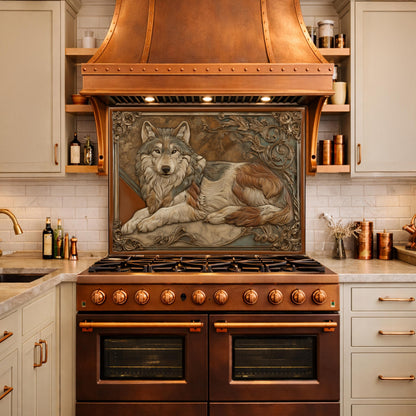 Noble Wolf & Filigree Scroll Tempered Glass Backsplash, Copper Relief Look Wall Panel, Stove Guard