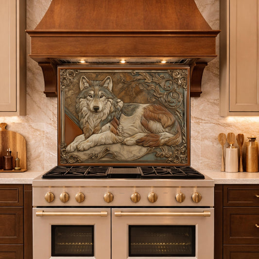 Noble Wolf & Filigree Scroll Tempered Glass Backsplash, Copper Relief Look Wall Panel, Stove Guard
