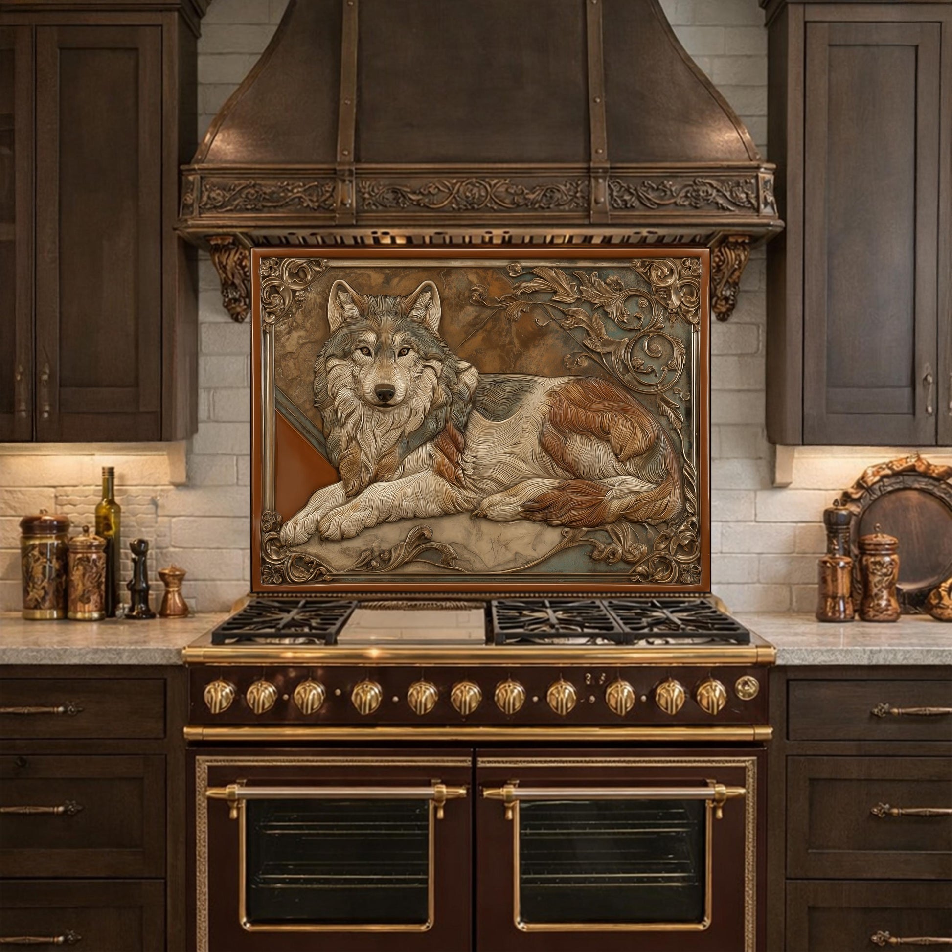 Noble Wolf & Filigree Scroll Tempered Glass Backsplash, Copper Relief Look Wall Panel, Stove Guard