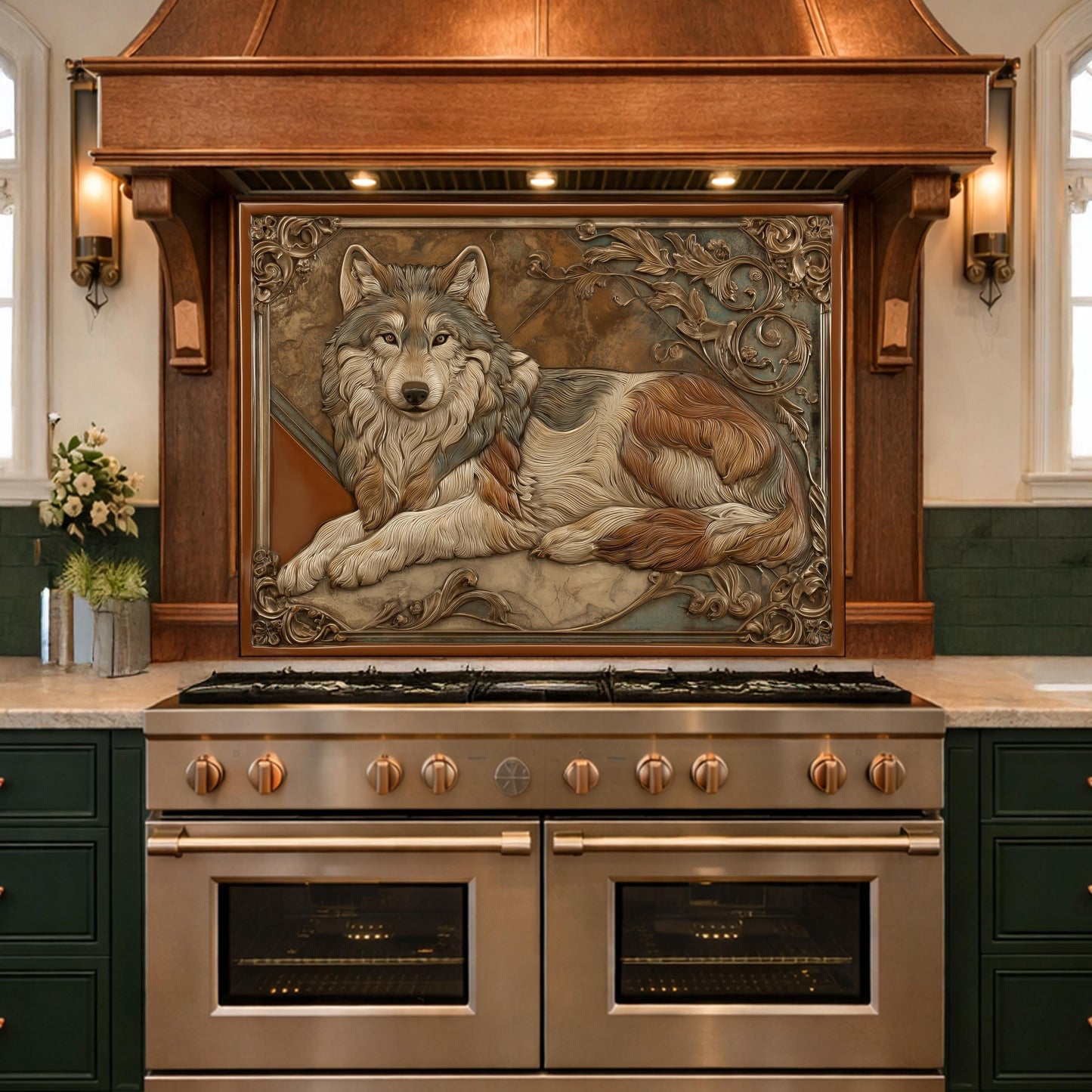 Noble Wolf & Filigree Scroll Tempered Glass Backsplash, Copper Relief Look Wall Panel, Stove Guard