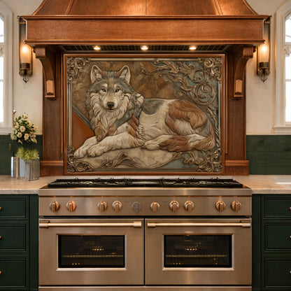 Noble Wolf & Filigree Scroll Tempered Glass Backsplash, Copper Relief Look Wall Panel, Stove Guard
