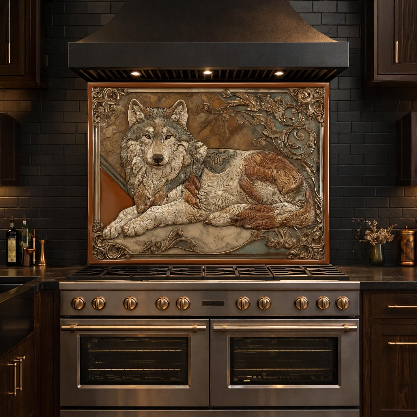 Noble Wolf & Filigree Scroll Tempered Glass Backsplash, Copper Relief Look Wall Panel, Stove Guard