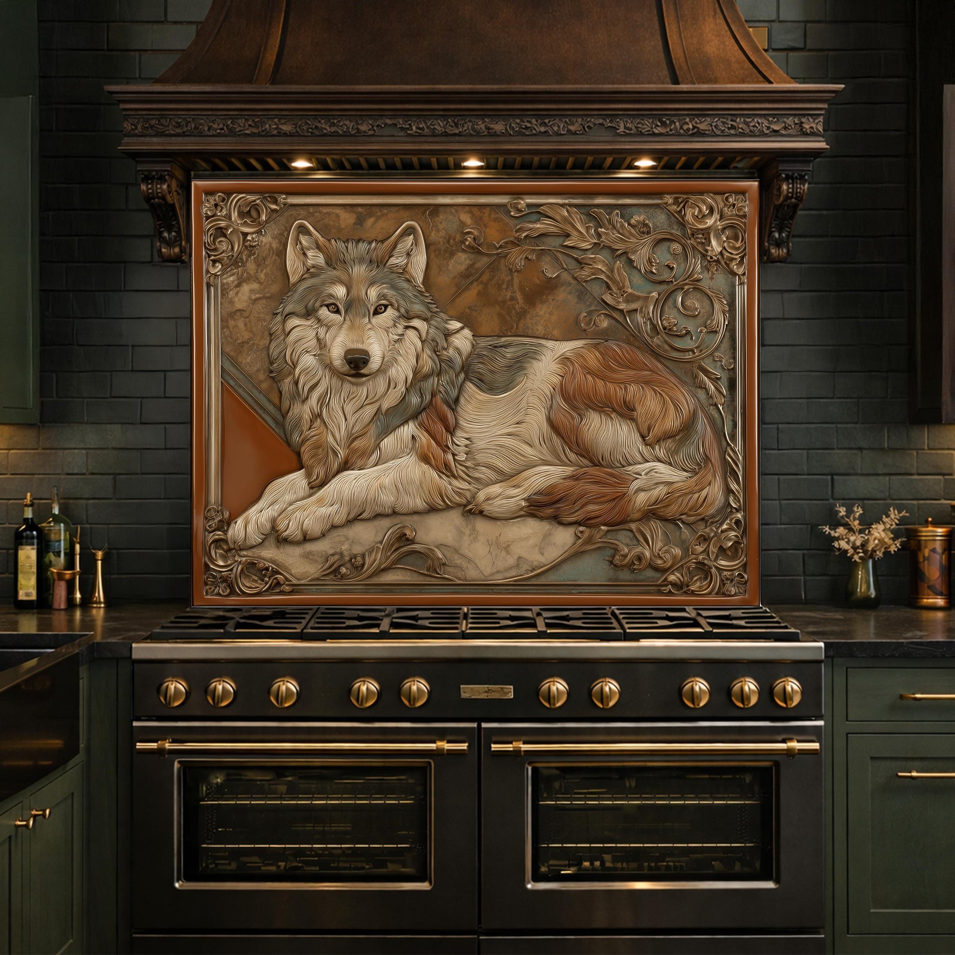Noble Wolf & Filigree Scroll Tempered Glass Backsplash, Copper Relief Look Wall Panel, Stove Guard