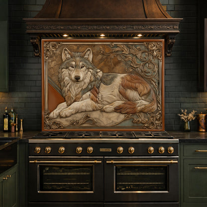 Noble Wolf & Filigree Scroll Tempered Glass Backsplash, Copper Relief Look Wall Panel, Stove Guard