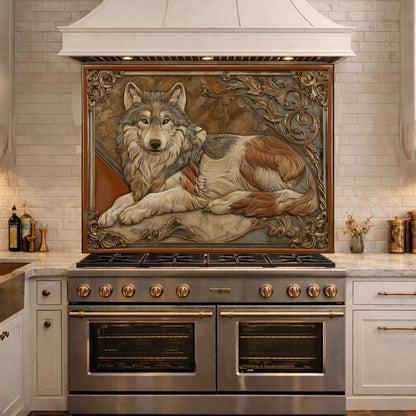 Noble Wolf & Filigree Scroll Tempered Glass Backsplash, Copper Relief Look Wall Panel, Stove Guard