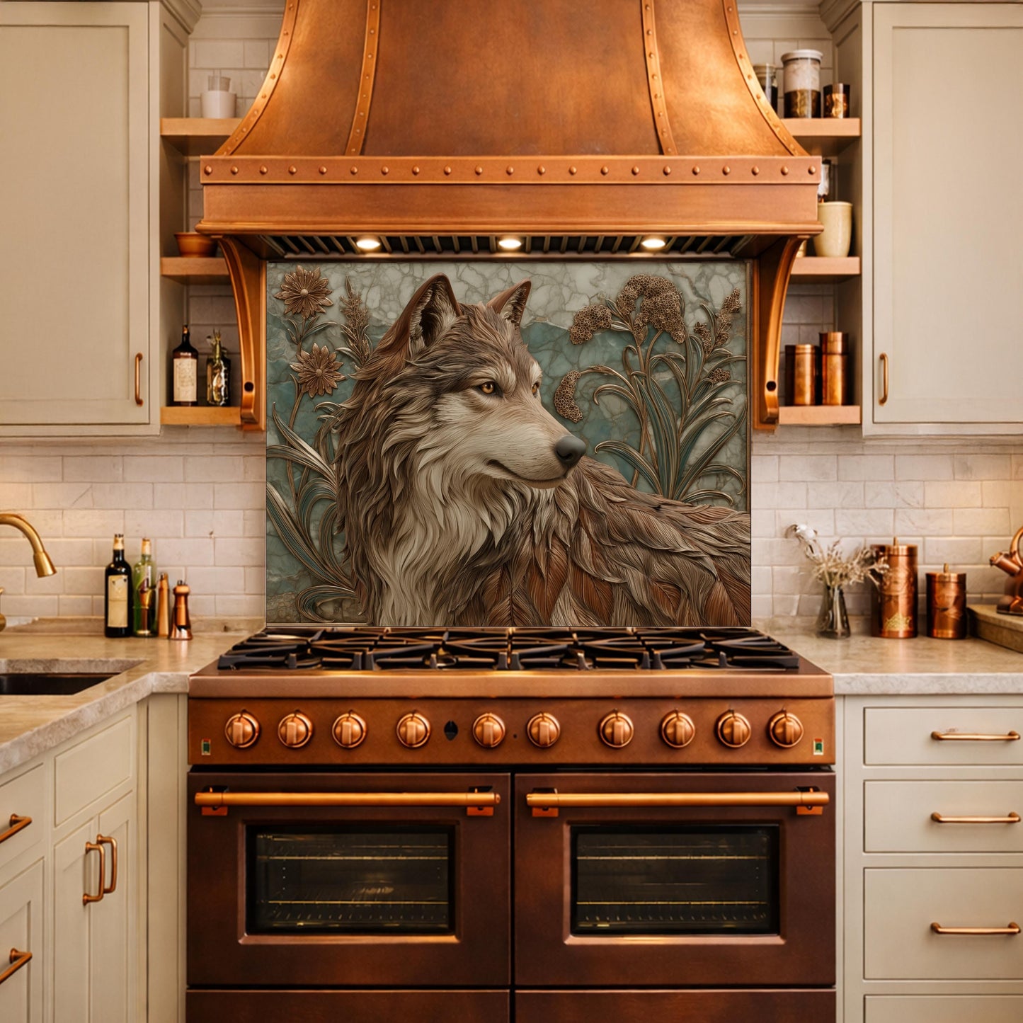 Noble Wolf & Botanical Wildflowers Tempered Glass Backsplash, Copper Relief Look Wall Panel, Stove Guard