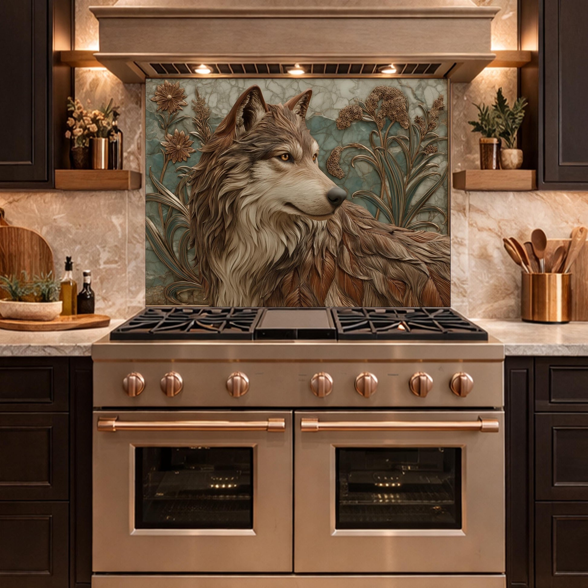 Noble Wolf & Botanical Wildflowers Tempered Glass Backsplash, Copper Relief Look Wall Panel, Stove Guard
